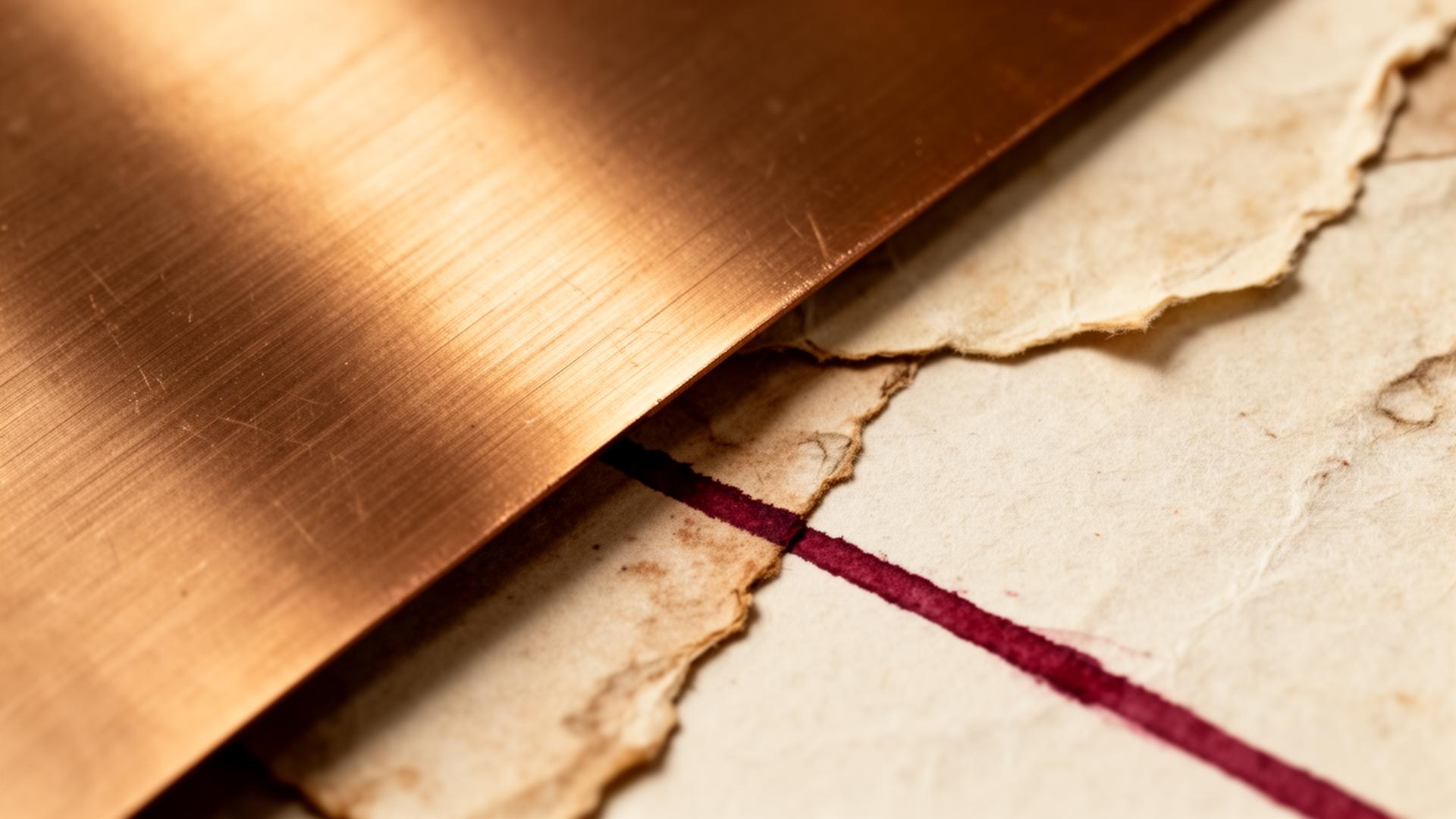 Brushed metal and aged paper layered with a fine red ink line